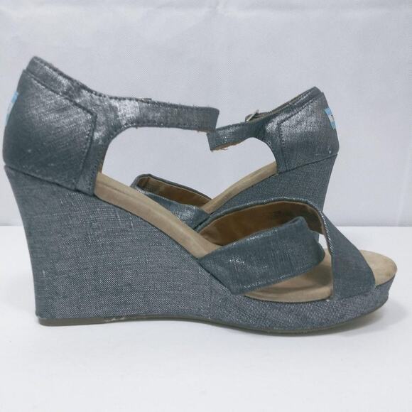 TOMS Sienna Denim Metallic Strappy Wedge Sandal Vacation Size 9.5 - Picture 7 of 11